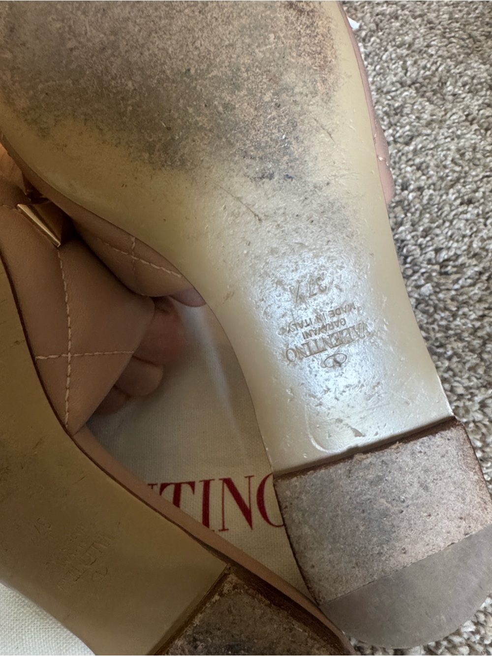 Valentino Tan Quilted Slide Sandals with Gold Pyramid Studs - Picture 3 of 4